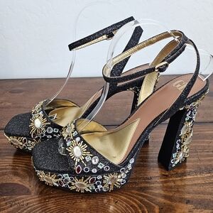 GB Women'ss Black Glitter Heels w/ Gold Multi Embellishments Prom/Pageants Sz 10